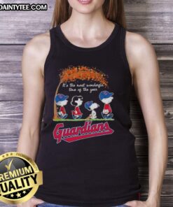 Alt Text: Premium Cleveland Guardians X Peanuts Snoopy and Friends autumn tank top celebrating It's the Most Wonderful Time of the Year.