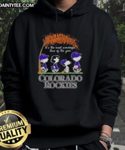 Alt Text: Premium Colorado Rockies X Peanuts Snoopy and Friends hoodie featuring autumn design, perfect for the season.