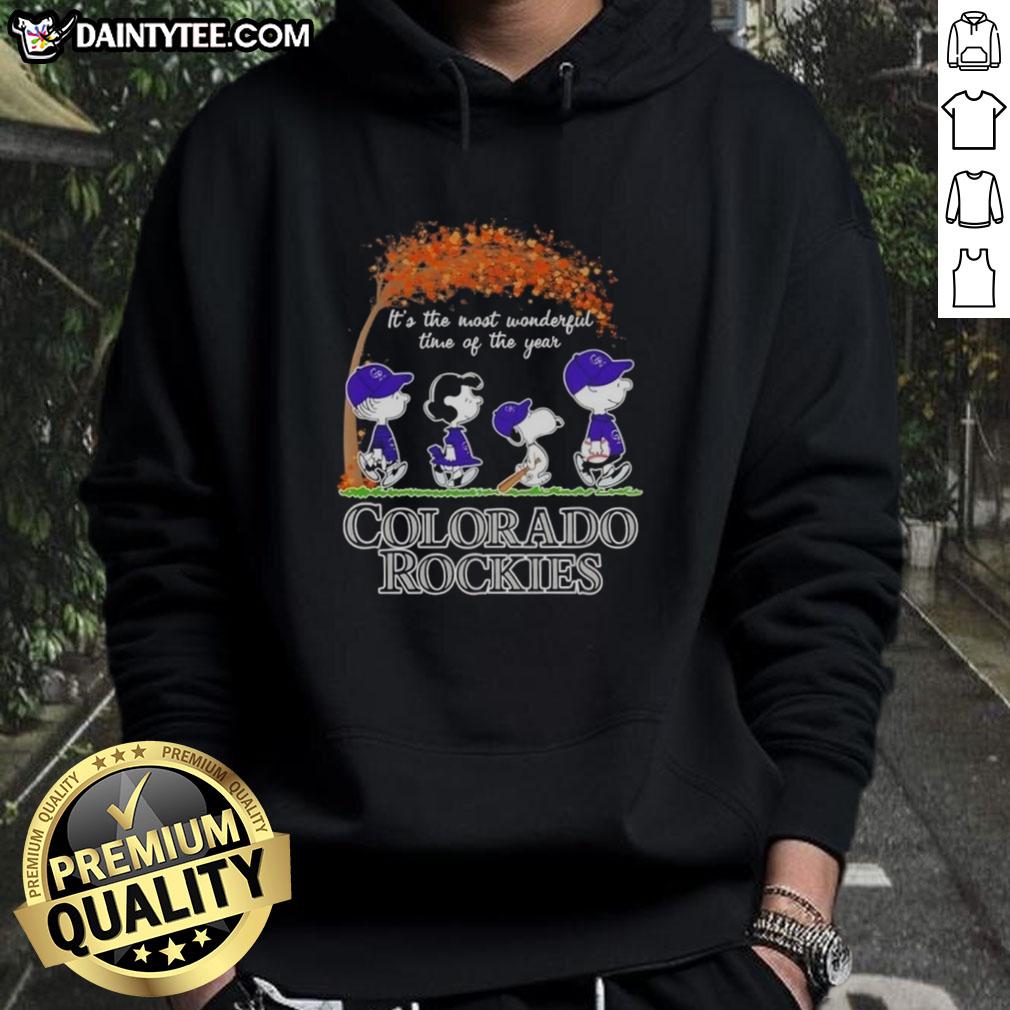 premium-colorado-rockies-x-peanuts-snoopy-and-friends-autumn-its-the-most-wonderful-time-of-the-year-hoodie Alt Text: Premium Colorado Rockies X Peanuts Snoopy and Friends hoodie featuring autumn design, perfect for the season.