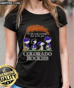 Premium Colorado Rockies X Peanuts Snoopy and Friends autumn tee for women, celebrating the most wonderful time of the year.