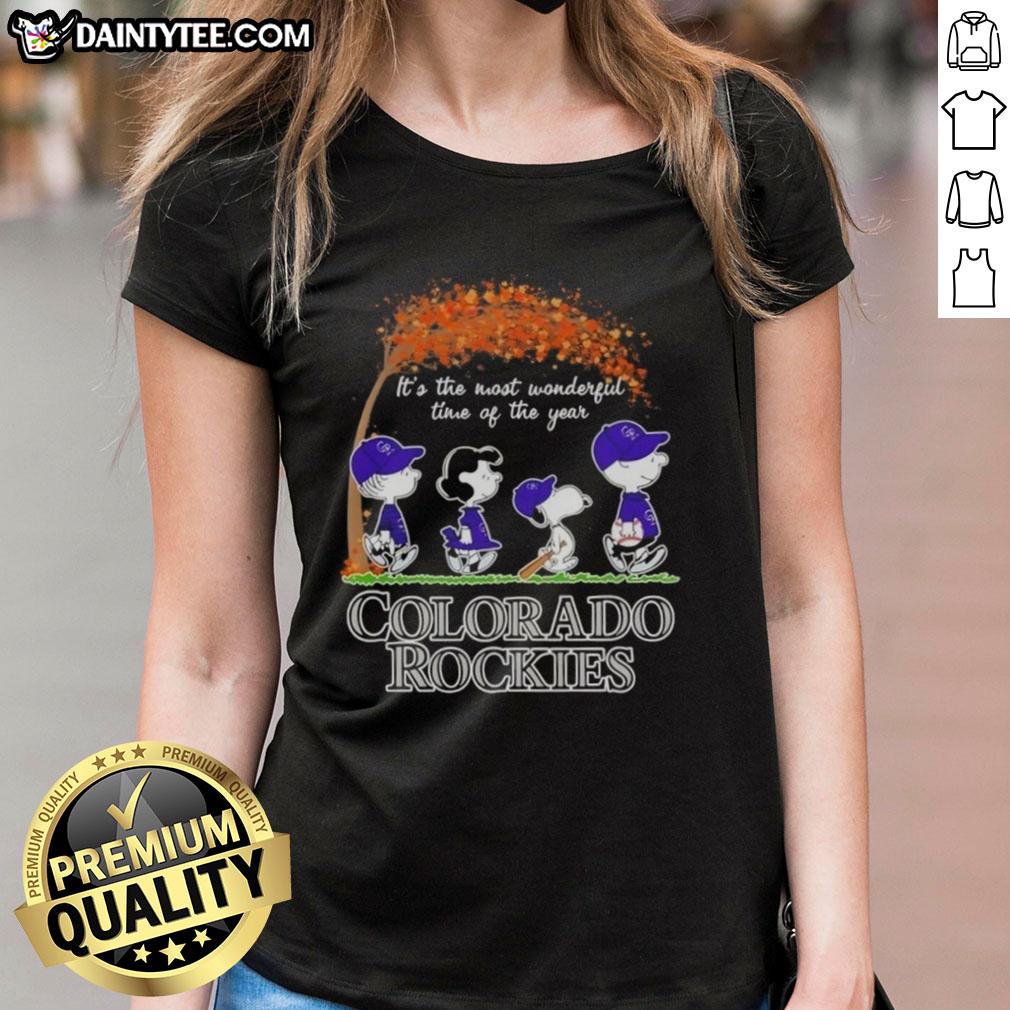 premium-colorado-rockies-x-peanuts-snoopy-and-friends-autumn-its-the-most-wonderful-time-of-the-year-ladies-tee Premium Colorado Rockies X Peanuts Snoopy and Friends autumn tee for women, celebrating the most wonderful time of the year.