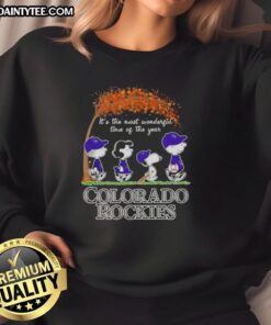 Alt Text: Premium Colorado Rockies X Peanuts Snoopy and Friends autumn sweatshirt celebrating It's The Most Wonderful Time of The Year.