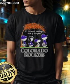 Premium Colorado Rockies X Peanuts Snoopy and Friends autumn t-shirt featuring festive design for the most wonderful time of the year.