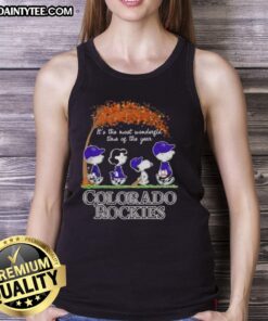 Premium Colorado Rockies tank top featuring Snoopy and friends celebrating autumn, perfect for festive seasonal style.