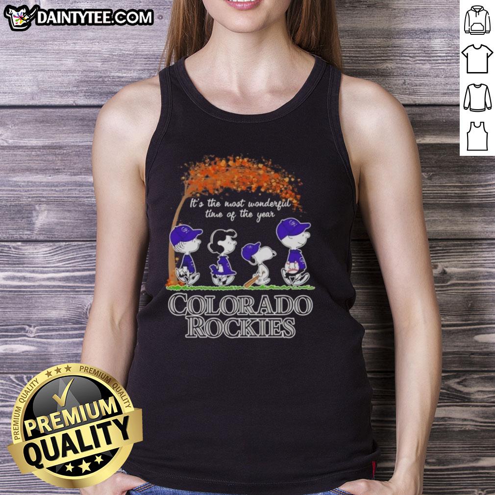 premium-colorado-rockies-x-peanuts-snoopy-and-friends-autumn-its-the-most-wonderful-time-of-the-year-tank-top Premium Colorado Rockies tank top featuring Snoopy and friends celebrating autumn, perfect for festive seasonal style.