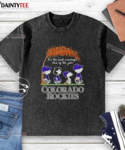 Premium Colorado Rockies X Peanuts Snoopy and Friends autumn t-shirt featuring festive designs for the holiday season.