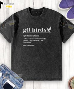 Premium Philadelphia Eagles football washed t-shirt featuring 'Go Birds' phrase in vibrant design.