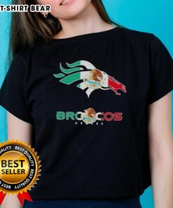 Premium Denver Broncos football tee with Mexican flag logo, perfect for ladies who support their team in style.