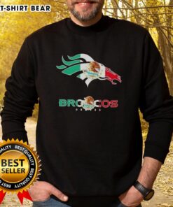 Premium Denver Broncos football sweatshirt featuring a vibrant Mexican flag logo design, perfect for fans and collectors.