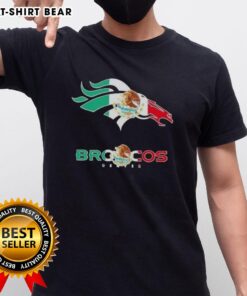 Alt Text: Premium Denver Broncos football t-shirt featuring a unique Mexican flag logo design for fans and sports enthusiasts.