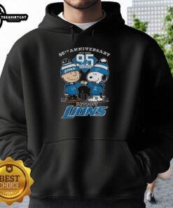 Alt Text: Premium Detroit Lions 95th Anniversary 2025 One Pride X Charlie Brown and Snoopy hoodie featuring team colors and graphics.
