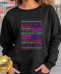 Alt Text: Premium sweatshirt featuring Don't Stop Believing in Democracy slogan, highlighting due process, free speech, and human rights.
