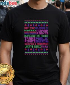 Premium Christmas T-Shirt featuring 'Don't Stop Believing In Democracy' slogan, celebrating free speech and human rights.