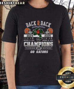 Premium Florida Gators Back-to-Back Champions 2025 Ladies Tee featuring team colors and logo, perfect for fans.