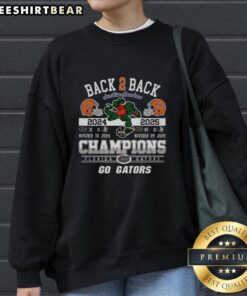 Premium Florida Gators Back-to-Back Champions sweatshirt showcasing the Go Gators 2025 design in vibrant colors.