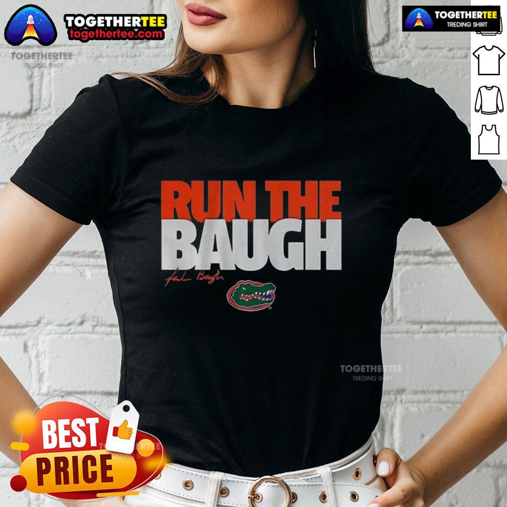 Premium Florida Gators Jadan Baugh Run The Baugh Ladies Tee Alt Text: Premium Florida Gators Jadan Baugh Run Ladies Tee showcasing vibrant team colors and stylish design for fans.