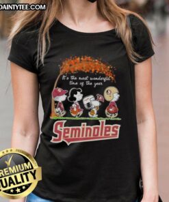 Alt Text: Premium Florida State Seminoles X Peanuts Snoopy and Friends autumn ladies tee featuring festive designs for fall.
