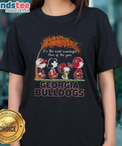Premium Georgia Bulldogs X Peanuts Snoopy and Friends autumn tee for ladies, celebrating the most wonderful time of the year.