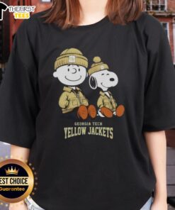 Alt Text: Premium Georgia Tech Yellow Jackets X Snoopy and Charlie Brown ladies tee featuring vibrant graphics and soft fabric.