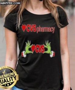 Premium Grinch Hands Love CVS Pharmacy Christmas Ladies Tee featuring festive design for holiday cheer.
