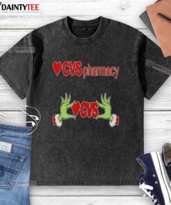 Alt Text: Premium Grinch Hands Love CVS Pharmacy Christmas Washed T-Shirt featuring festive Grinch design and cozy fit.