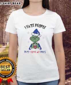 Alt Text: Premium Grinch I Hate People But I Love My Buffalo Bills Merry Christmas ladies tee with festive design.