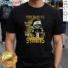 Premium Grinch Santa Hat on a Pittsburgh Steelers NFL Christmas T-Shirt: 'They Hate Us Because They Ain't Us' design.