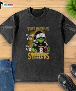 Premium Grinch Santa Hat T-shirt for Pittsburgh Steelers fans, featuring 'They Hate Us Because They Ain't Us' Christmas design.
