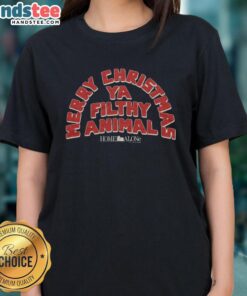 Premium Home Alone Merry Christmas Ya Filthy Animal ladies tee featuring festive design and playful quote for holiday cheer.