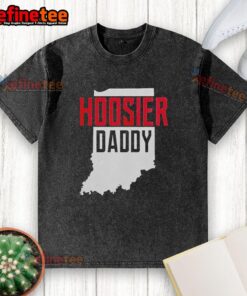 Alt Text: Premium Hoosier Daddy Indiana State Map washed t-shirt featuring a vintage design and soft fabric, perfect for Indiana fans.