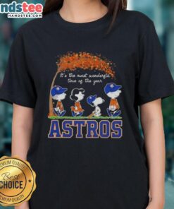 Premium Houston Astros X Peanuts Snoopy and Friends Autumn tee for ladies, celebrating the most wonderful time of the year.