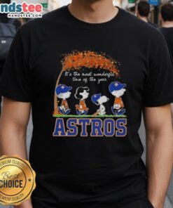 Alt Text: Premium Houston Astros X Peanuts Snoopy and Friends autumn t-shirt celebrating the joy of the season.