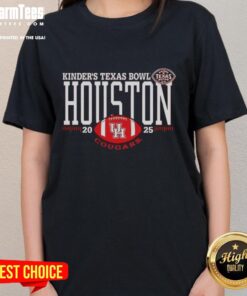 Premium Houston Cougars 2025 Kinders Texas Bowl logo ladies tee featuring vibrant team colors and stylish design.