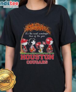 Premium Houston Cougars x Peanuts Snoopy autumn ladies tee celebrating the most wonderful time of the year.