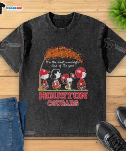 Premium Houston Cougars X Peanuts Snoopy autumn t-shirt featuring festive design for the most wonderful time of the year.