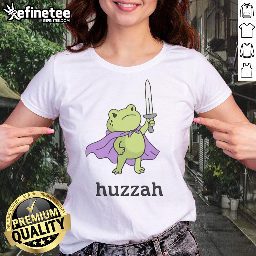 premium-huzzah-frog-ladies-tee Premium Huzzah Frog Ladies Tee featuring a vibrant frog graphic, perfect for casual outfits and nature lovers.