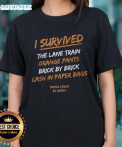Alt Text: Premium I Survived The Lane Train Orange Pants Brick By Brick Cash In Paper Bags Ladies Tee, stylish and vibrant.