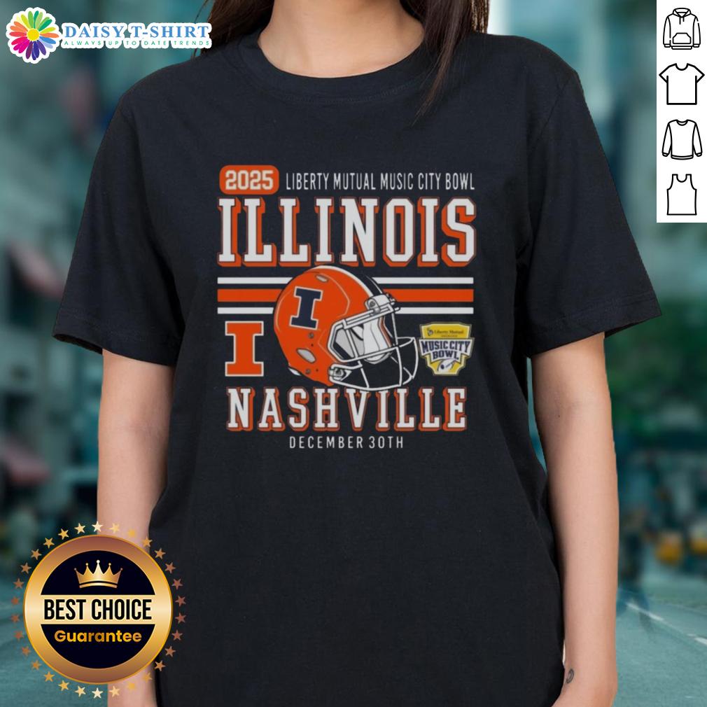 Premium Illinois Fighting Illini Football 2025 Liberty Mutual Music City Ladies-Tee Alt Text: Premium Illinois Fighting Illini Football 2025 Liberty Mutual Music City Ladies Tee in vibrant team colors.