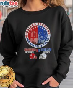 Premium Indiana Hoosiers sweatshirt featuring football helmets and Indianapolis skyline, perfect for game day attire.