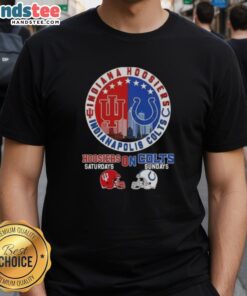 Premium Indiana Hoosiers and Indianapolis Colts football helmets T-shirt with skyline design for game day.
