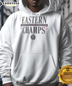 Alt Text: Premium Inter Miami CF 2025 MLS Eastern Conference Champions locker room hoodie displayed on a hanger.