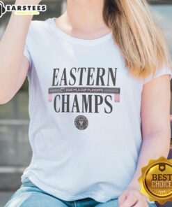 Alt Text: Premium Inter Miami CF 2025 MLS Eastern Conference Champions locker room ladies tee showcasing team pride and style.