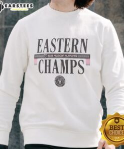 Alt Text: Premium Inter Miami CF 2025 MLS Eastern Conference Champions locker room sweatshirt displayed in vibrant colors.