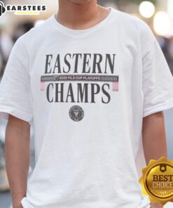 Alt Text: Premium Inter Miami CF 2025 MLS Eastern Conference Champions locker room t-shirt showcasing team pride and success.