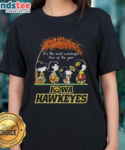 Premium Iowa Hawkeyes X Peanuts Snoopy and Friends autumn ladies tee celebrating the most wonderful time of the year.
