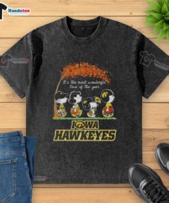 Alt Text: Premium Iowa Hawkeyes X Peanuts Snoopy and Friends autumn t-shirt featuring a festive design perfect for fall.