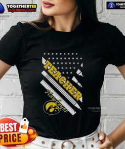 Alt Text: Premium Iowa Hawkeyes X Teacher American Flag Ladies Tee showcasing stylish design for fans and educators.