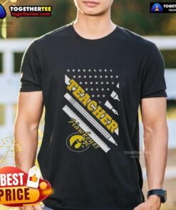Premium Iowa Hawkeyes X Teacher American Flag T-Shirt featuring a stylish design perfect for fans and educators.