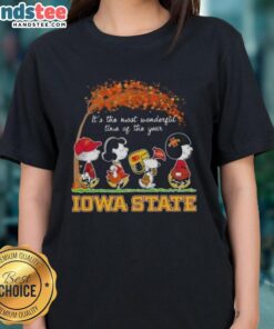 Alt Text: Premium Iowa State Cyclones X Peanuts Snoopy tee for women, celebrating autumn and the holiday season.