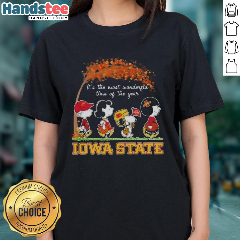 premium-iowa-state-cyclones-x-peanuts-snoopy-and-friends-autumn-its-the-most-wonderful-time-of-the-year-ladies-tee Alt Text: Premium Iowa State Cyclones X Peanuts Snoopy tee for women, celebrating autumn and the holiday season.